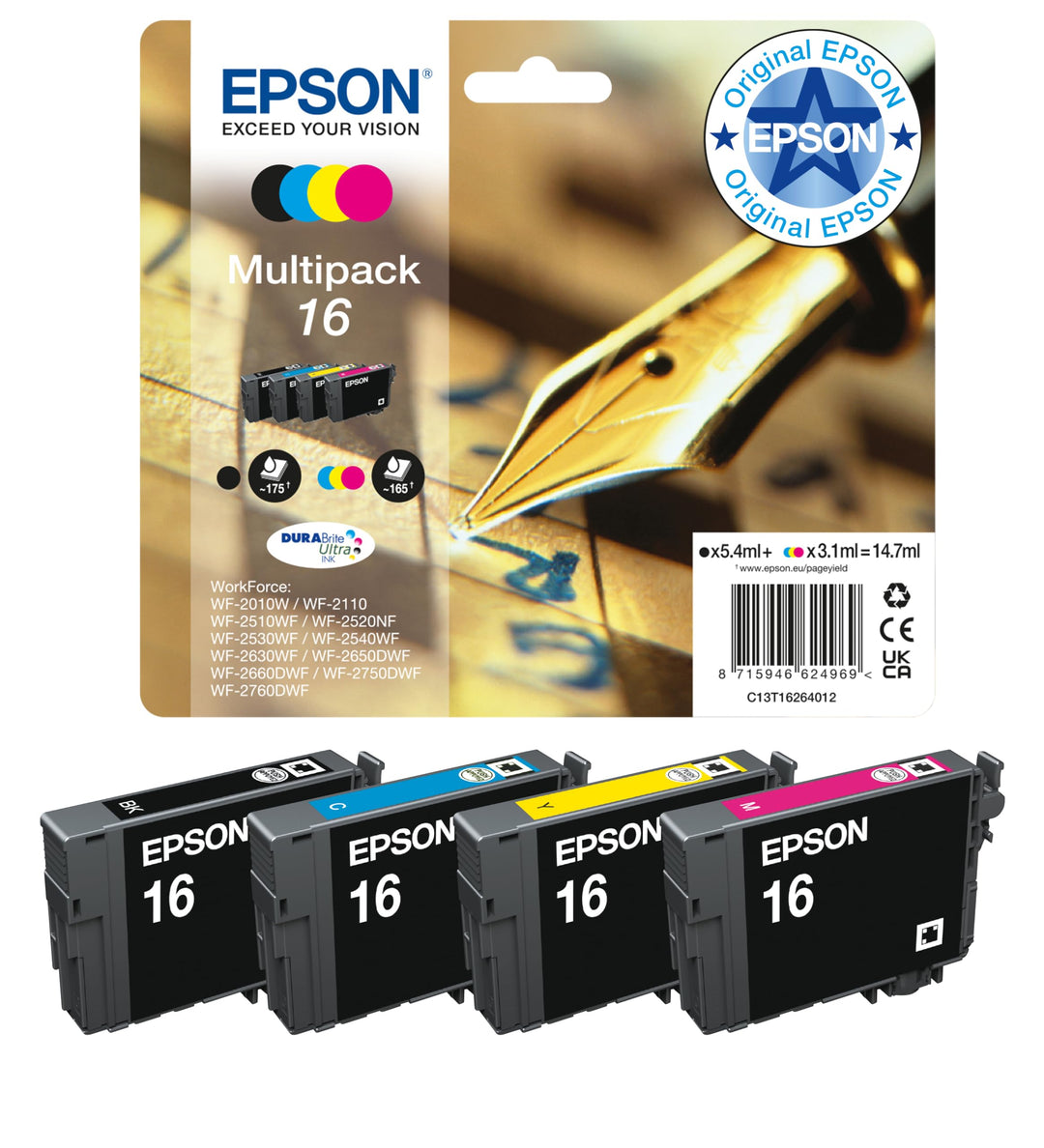 Epson Original 16 Tinte Füller (WF-2630WF, WF-2650DWF, WF-2660DWF, WF-2750DWF, WF-2760DWF), Multipac