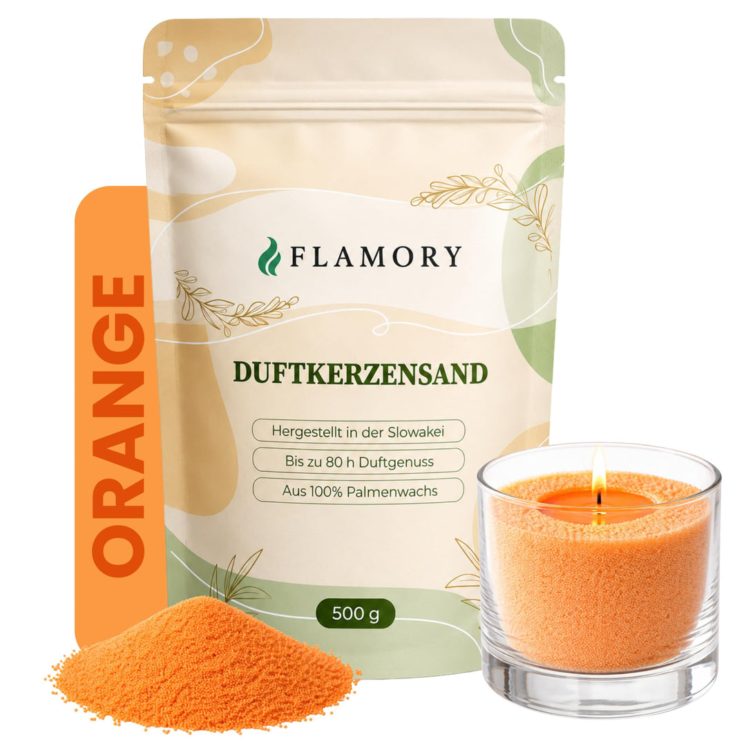 Kerzensand mit Duft 500g – Duftkerzensand [Orange] – 6 Dochte inklusive – 100% Pflanzenwachs, russar