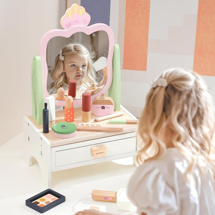 PairPear Holz-Kosmetikset für Kinder mit drehbarem Spiegel, Beauty-Salon Spielset mit 19 Zubehörteil