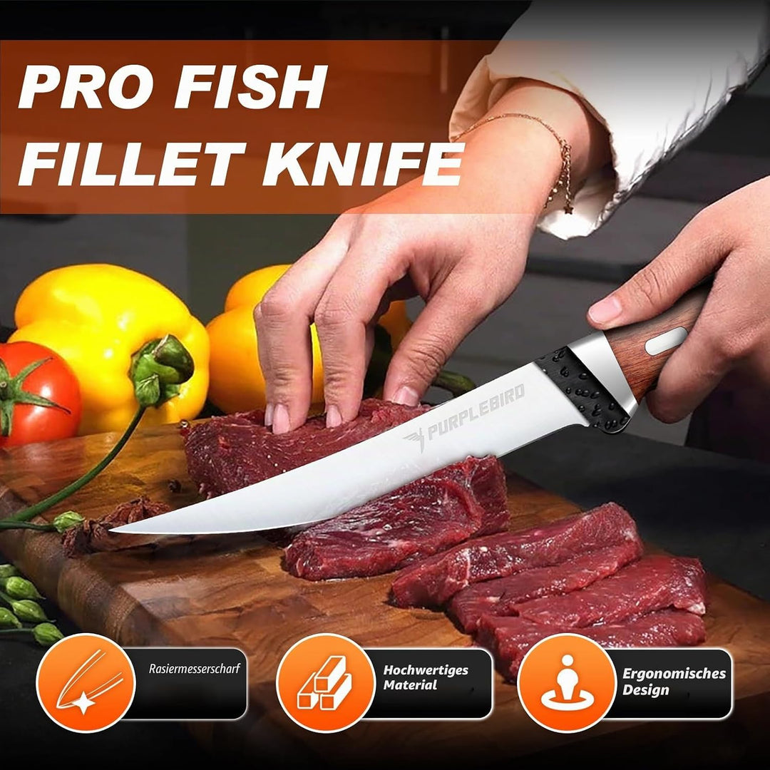 PURPLEBIRD Filetiermesser für Fisch 15 CM mit Scheide, 440C Edelstahl Fischmesser zum Schneiden von