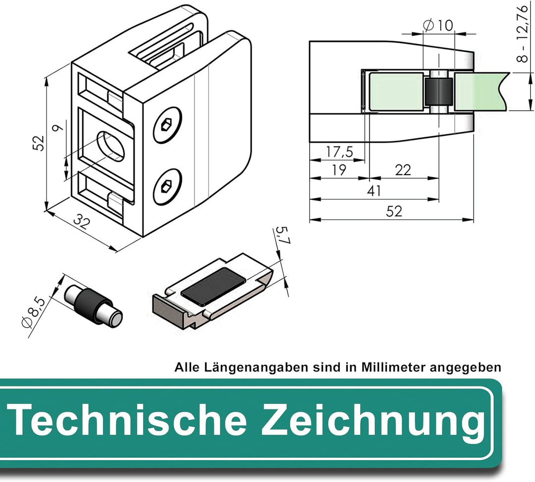 PRIOstahl Glashalter 4 Stück Glasklemme Klemmhalter Glashalter mit Sicherungsplatte + Sicherungsstif