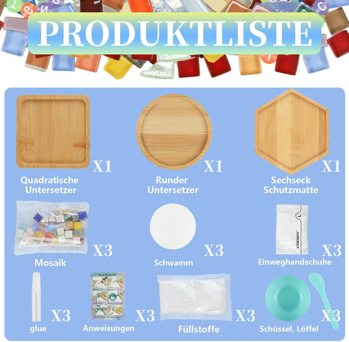 MOVATEK DIY Mosaik Untersetzer Bastelset für Erwachsene – 6 Stück Glas-Mosaik Untersetzer zum Selbst