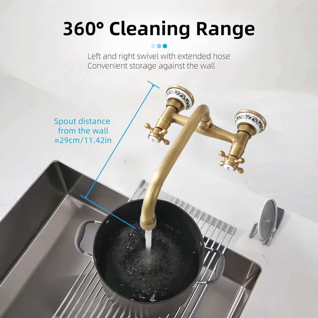Küchenarmatur Wandmontage Messing Antik, Vintage Doppelgriff Wasserhahn Küche Wandbehang Bronze, 360