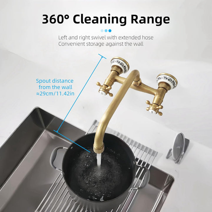 Küchenarmatur Wandmontage Messing Antik, Vintage Doppelgriff Wasserhahn Küche Wandbehang Bronze, 360