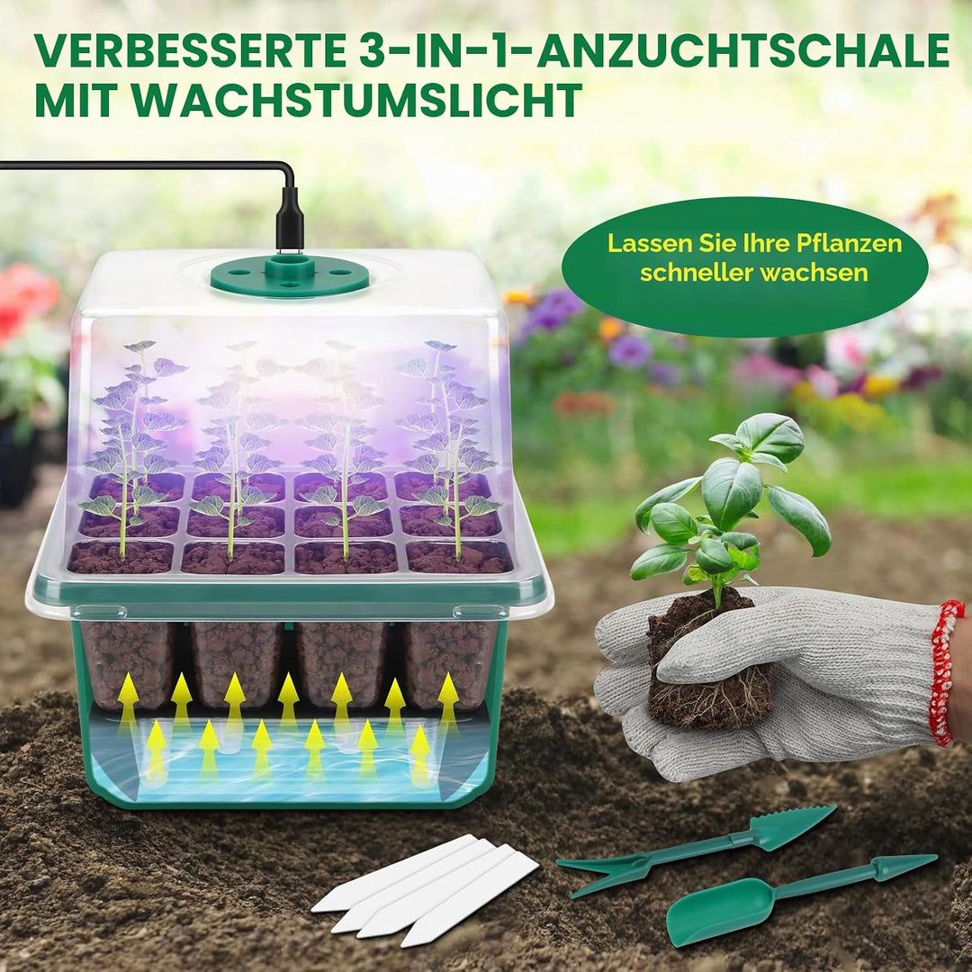BlumWay Selbst-Bewässerung Seed Starter Tray Kit, Zimmergewächshaus Anzuchtkasten mit Pflanzenlampe,