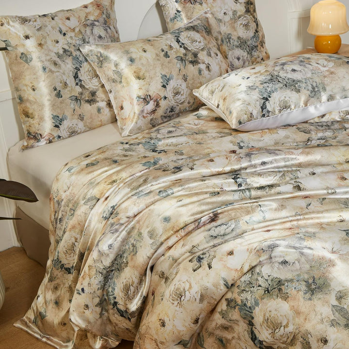 Satin Bettwäsche 135x200 4teilig Beige Blumen Motive Satin Bettwäsche Glänzend Glatt Deluxe Bettbezu