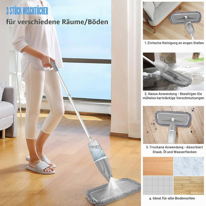 Wischmopp mit Sprühfunktion – EXEGO Bodenwischer mit Sprühmopp Spray Mop Floor Mop mit 3X Wischpads