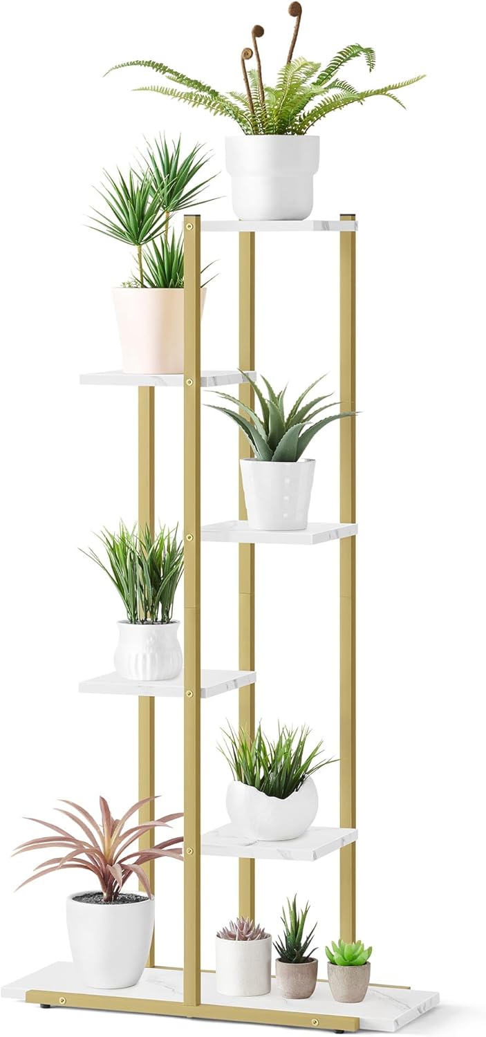 Home Collective Blumentopfregal mit 6 Ebenen in Marmor mit goldenen Beinen Ideal für Wohnzimmer Schl