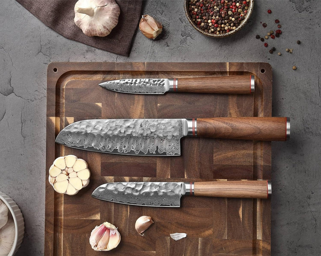 Wakoli Nussbaum Exklusives 3er Messerset – Premium Damast Santoku Messer, Kleines Santokumesser & Of