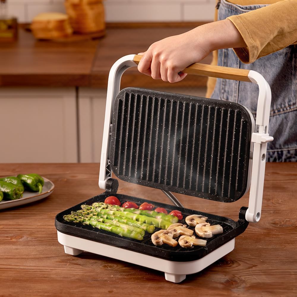 Cecotec Elektrischer Grill Rock'Ngrill 1300 Wood W. Leistung von 1300W, weisses Design, Rockstone-Be