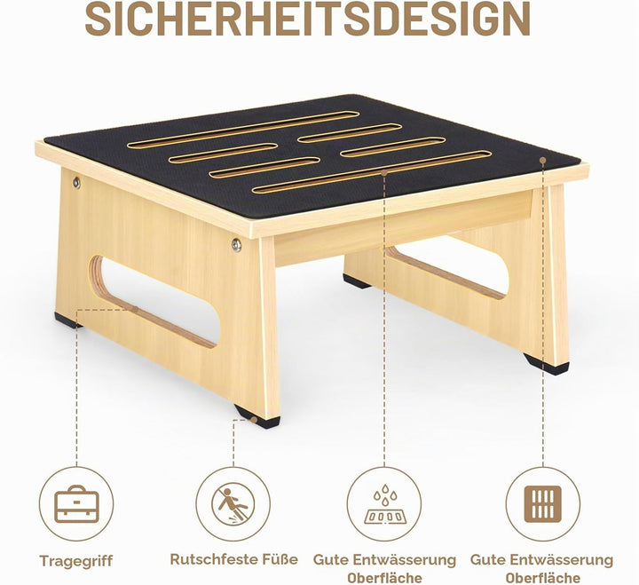 EIN hölzerner Tritthocker für Erwachsene und Senioren mit Rutschfester Gummiauflage, für drinnen und