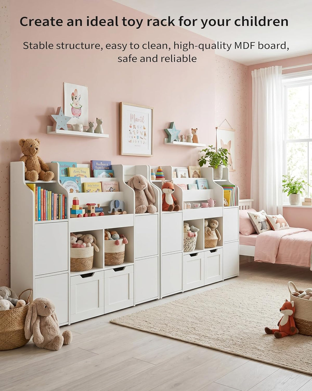 Kinder Bücherregal mit 2 Boxen Weiss Schmal Montessori Spielzeugregal für Kinderzimmer Aufbewahrung