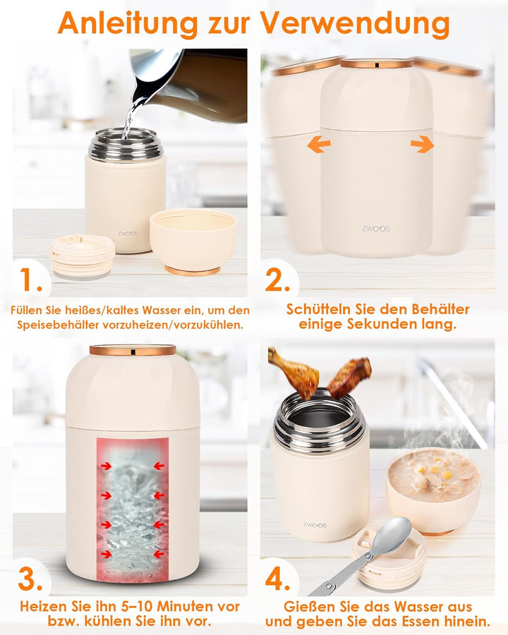ZWOOS Thermoskanne für Lebensmittel, 850 ml, Edelstahl, isoliert, mit Griff, isolierte Lebensmittelb