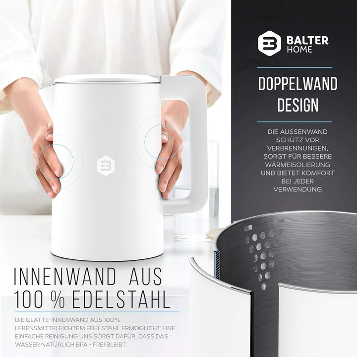 Balter Wasserkocher Edelstahl WK-4, 1,7 Liter, elektrischer Wasserkocher, Doppelwand Design, BPA fre