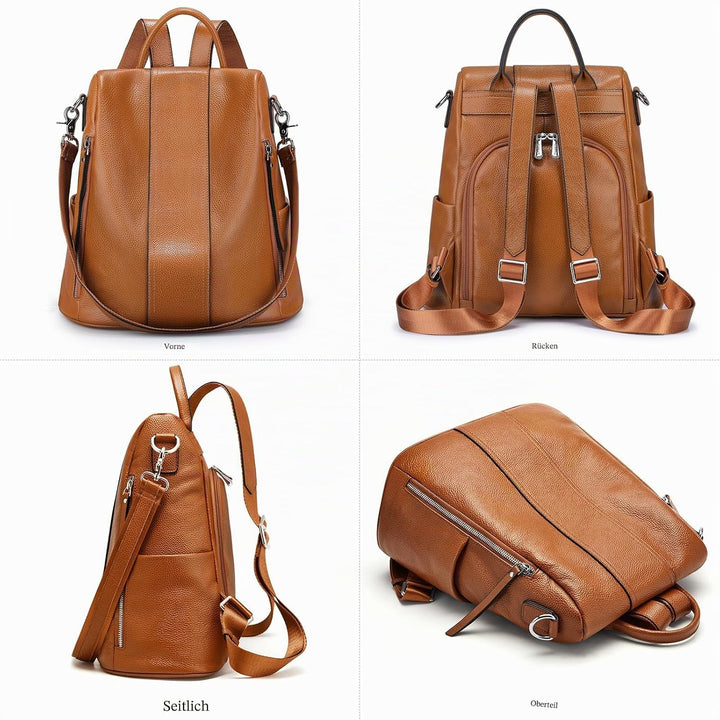 S-ZONE Frauen Weichem Leder Rucksack Anti-Theft Geldbörse Damen Wasserdichte Rucksack Schultasche Br
