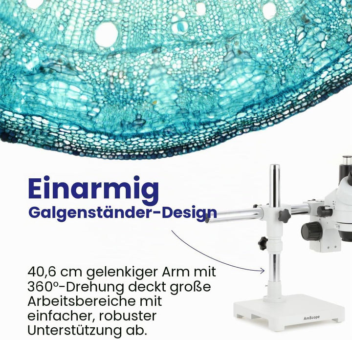 AmScope SM-3T Trinokulares Stereo-Zoom-Mikroskop auf Einarmigem Auslegerständer, 7X-45X, Weiss, Mikr