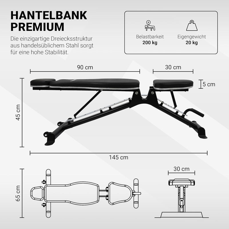 Hantelbank Premium Multifunktion mit verstellbarer Schrägbank - Fitnessbank bis zu 200kg Sport