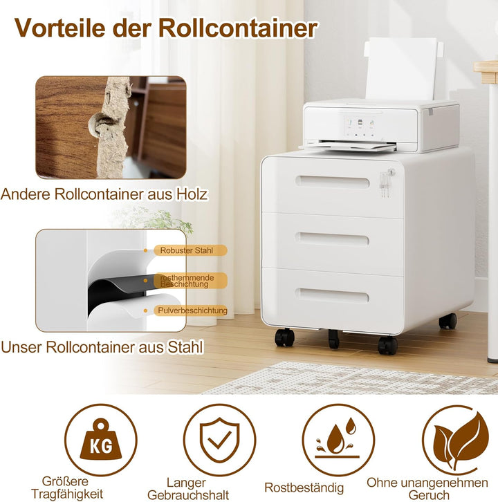 Rollcontainer, Mobiler Aktenschrank mit Schloss, Abgerundeten Ecken, 4 Schlüssel, 3 Schubladen, Druc