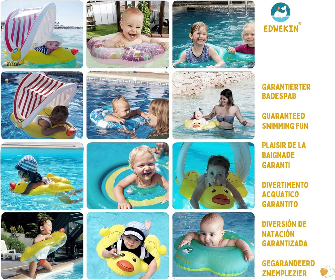 EDWEKIN® Premium Baby Schwimmring mit Sonnendach | Süsser Enten-Schwimmreifen mit UV-Schutz 50+| Sch