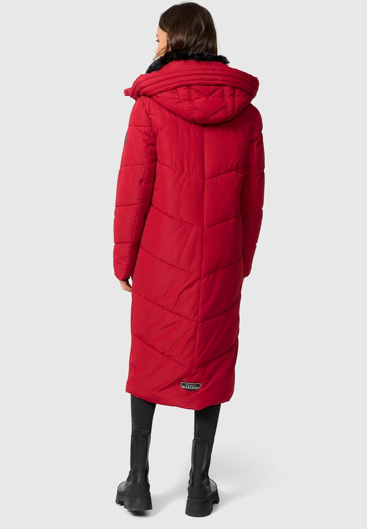 MARIKOO Damen Wintermantel warmer Steppmantel lang mit Kapuze und abnehmbarem Kunstfellkragen Nadare