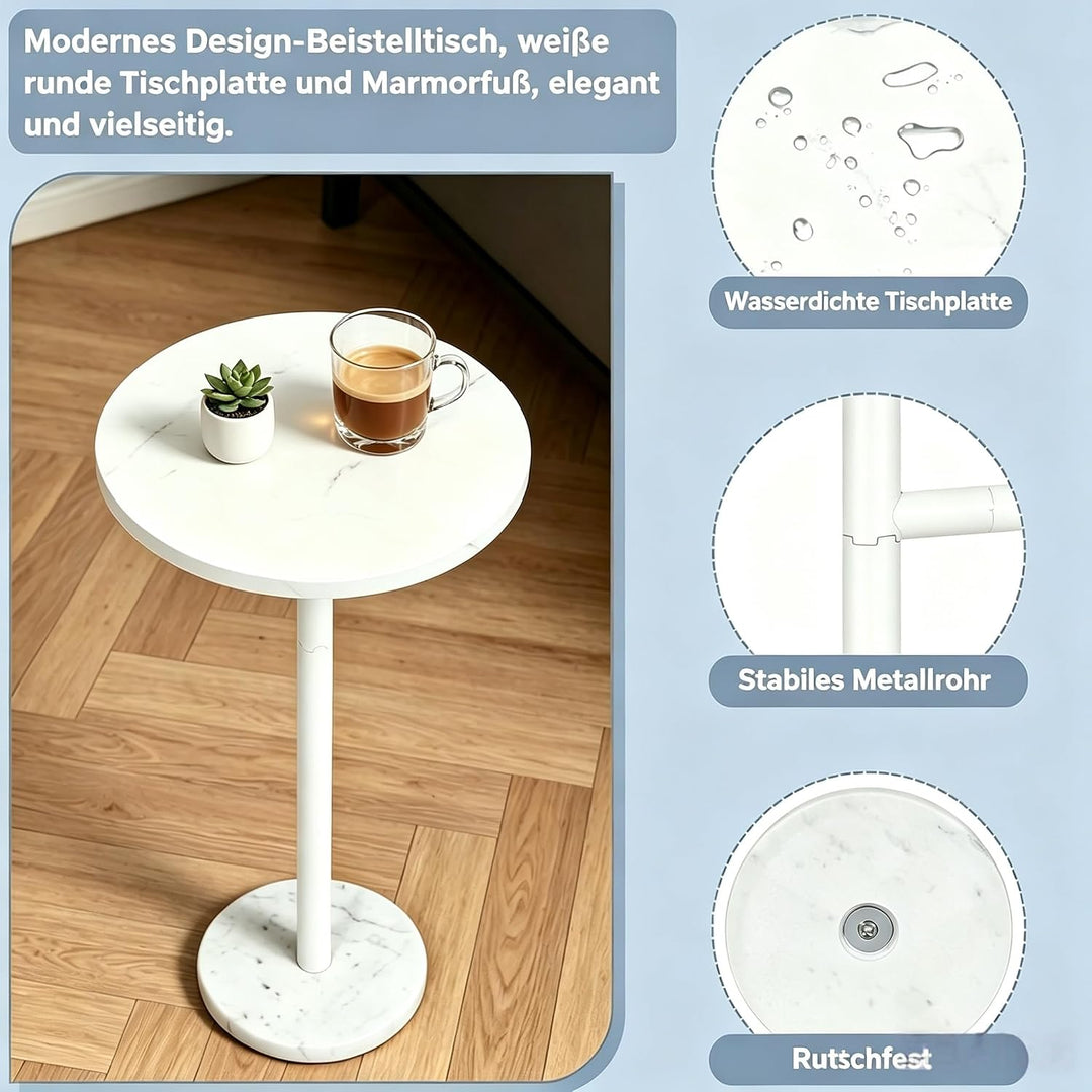 smusei Kleiner Weisser Beistelltisch runder Couchtisch mit Marmorsockel Sofa-Beistelltisch für Wohnz