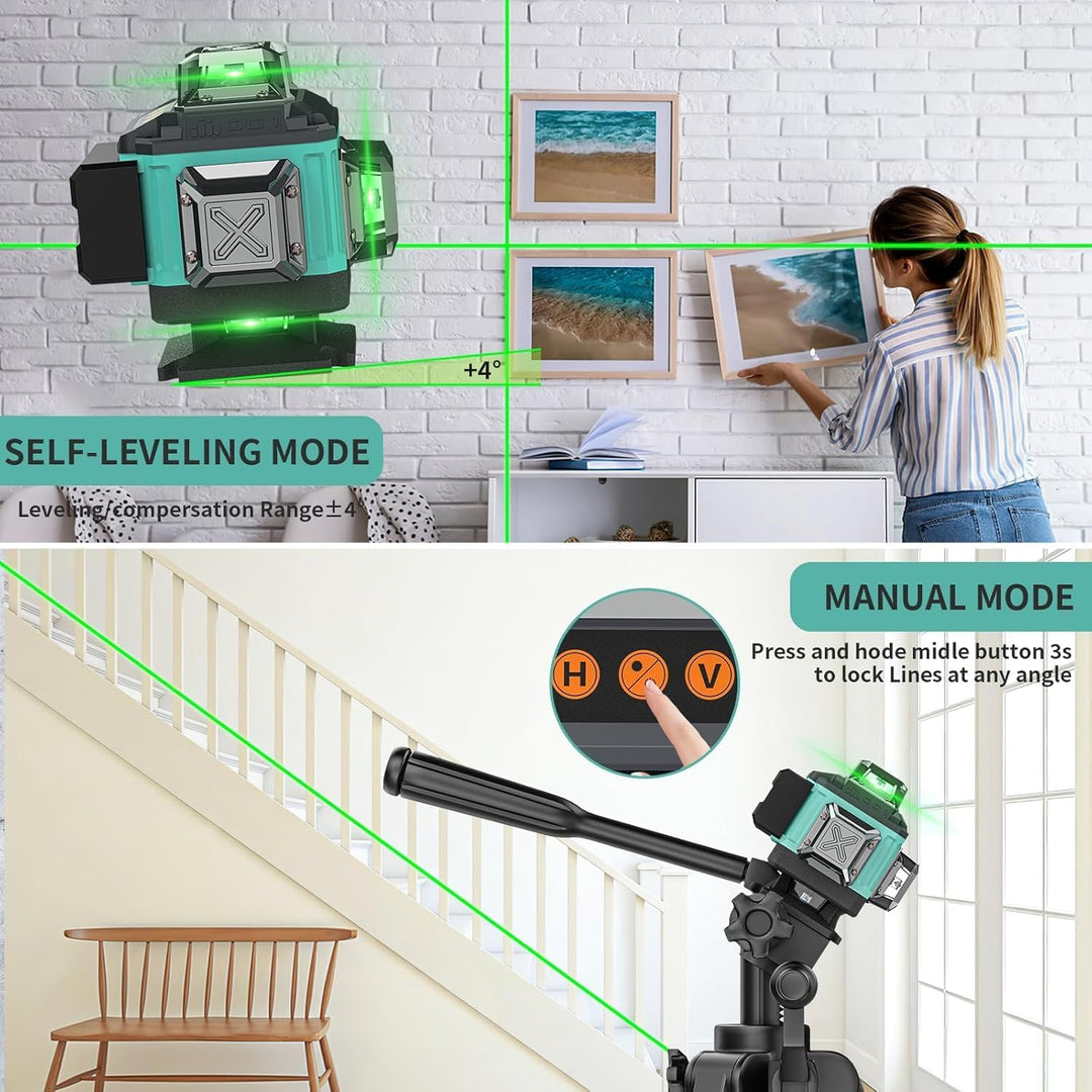 Kreuzlinienlaser Grün 4x360°, Laser Wasserwaage 16 Linien, Baulaser Kreuzlaser Linienlaser Selbstniv