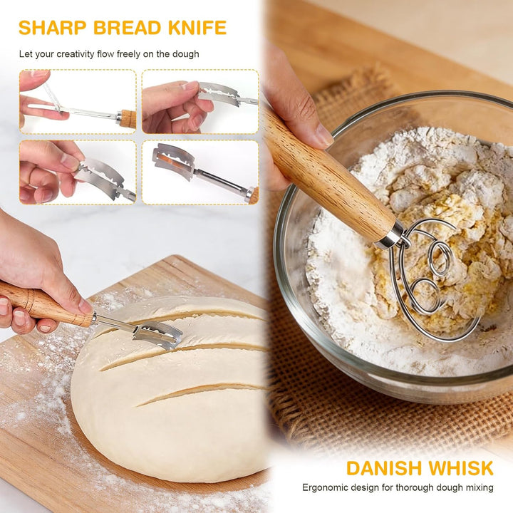 Sauerteig Starter Set, Backzubehör für Sauerteigbrot mit 2 Gärkorb (25cm Ovale & 23cm Runde), Sauert