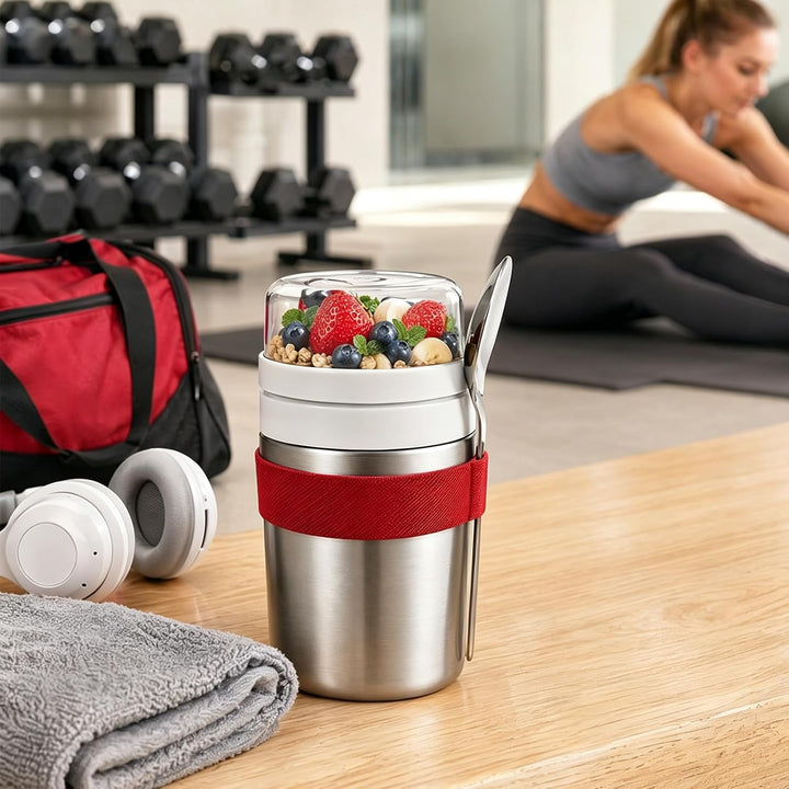 Edelstahl Müslibecher to Go mit Löffel, 500 ml + 220 ml Vakuumisolierter Joghurtbecher to Go Doppelt