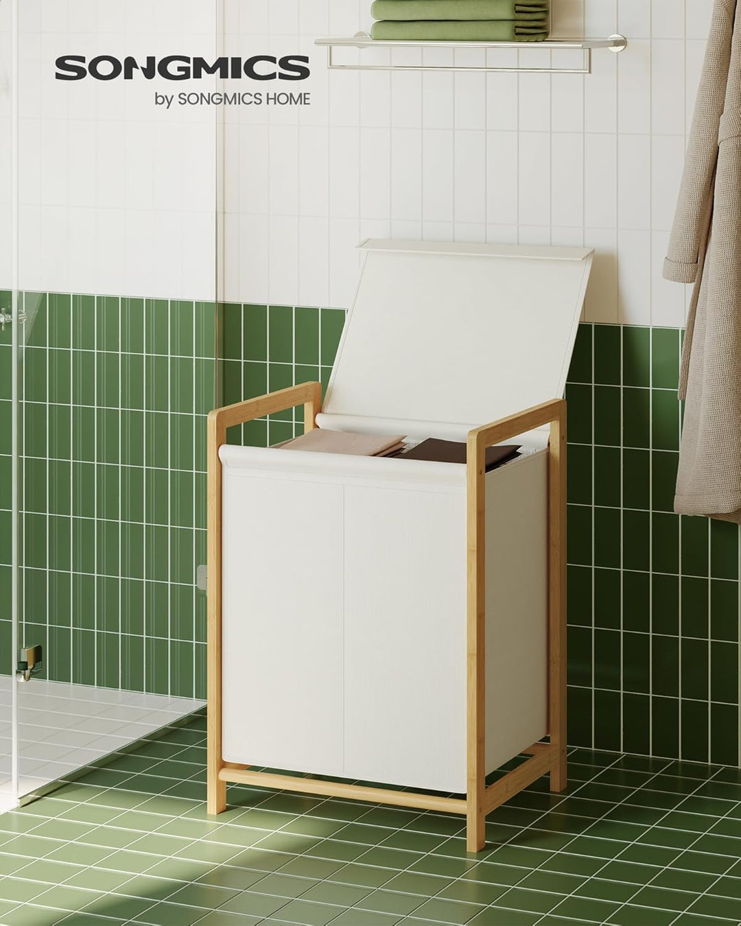 SONGMICS Wäschekorb 2 Fächer, Wäschesammler mit Bambusrahmen, verstärkter und abnehmbarer Deckel, Wä