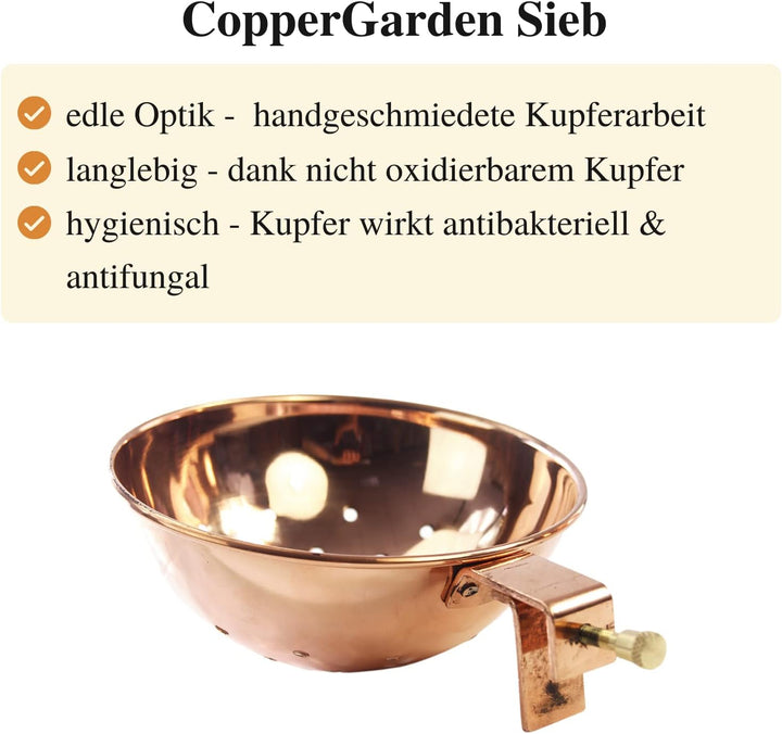 Copper Garden Sieb aus blankem Kupfer I Siebeinsatz für Feuerzangenbowle I Sieb zum Einhängen 17 cm
