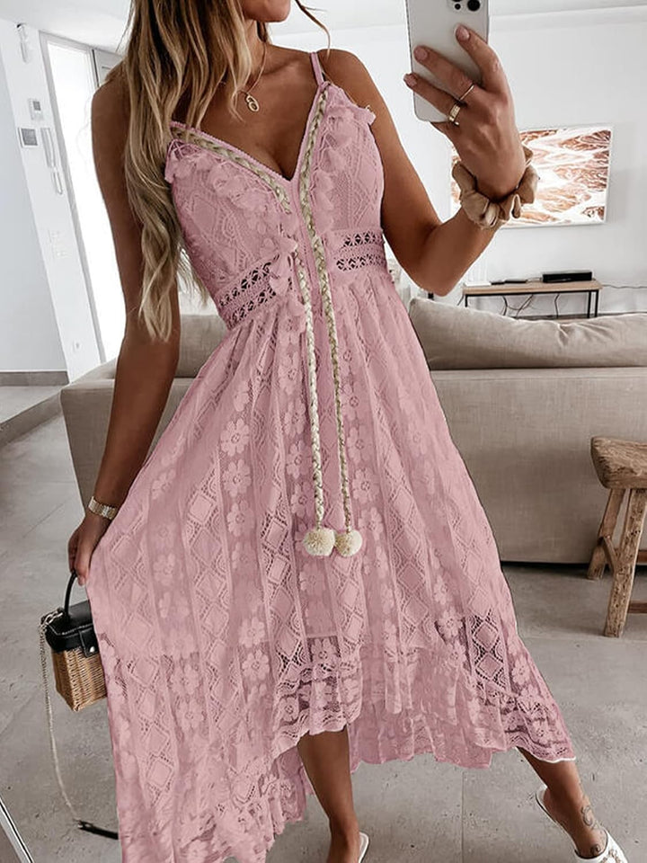 CUPSHE Damen Sommerkleid V Ausschnitt Floral Spitze Quasten Spaghetti Trägerkleid Freizeitkleider Hi