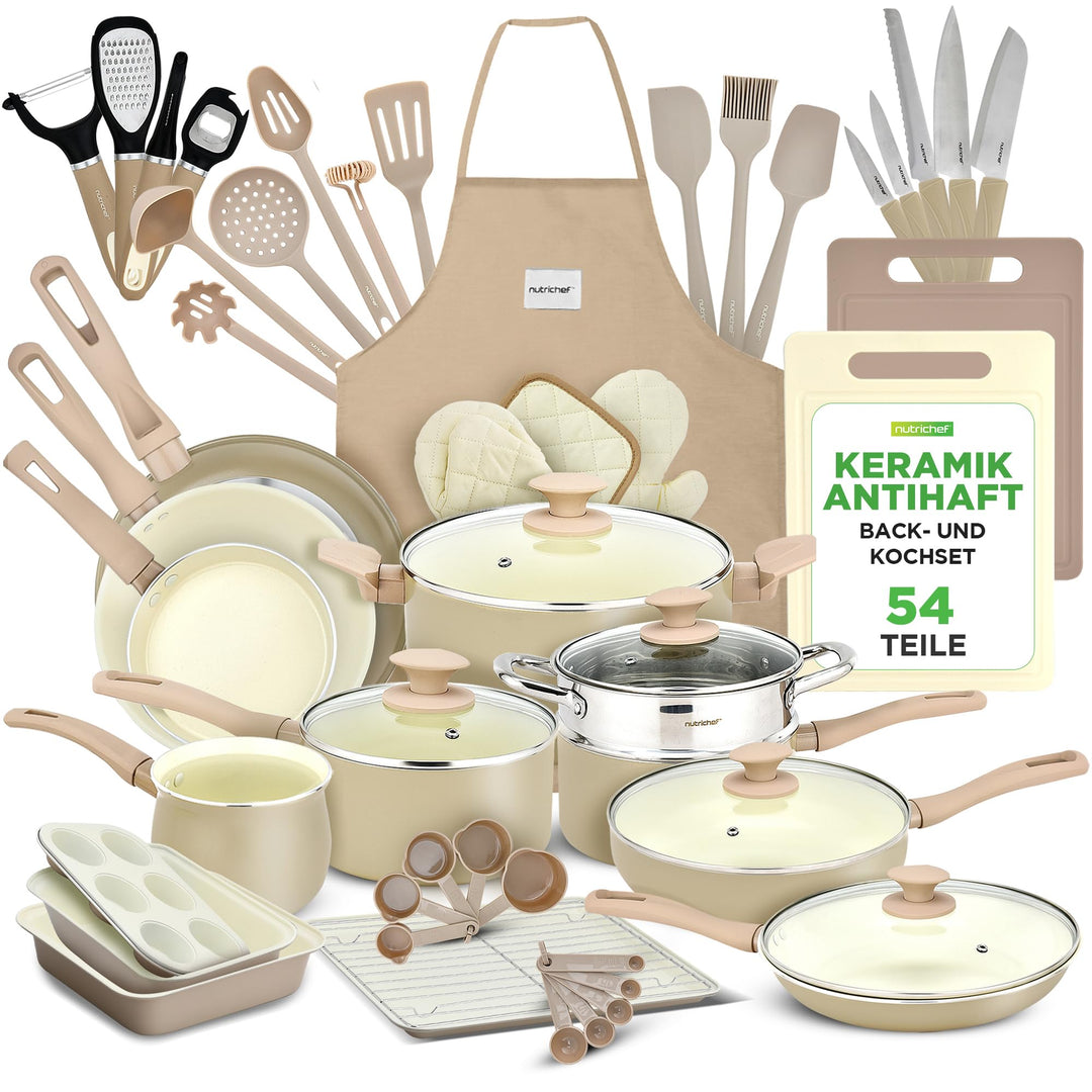 NutriChef Kochgeschirr Set 54-tlg – Pfannen, Töpfe, Küchenhelfer Taupebraun– Mit Messer, Backformen,