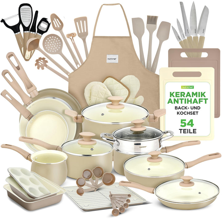 NutriChef Kochgeschirr Set 54-tlg – Pfannen, Töpfe, Küchenhelfer Taupebraun– Mit Messer, Backformen,