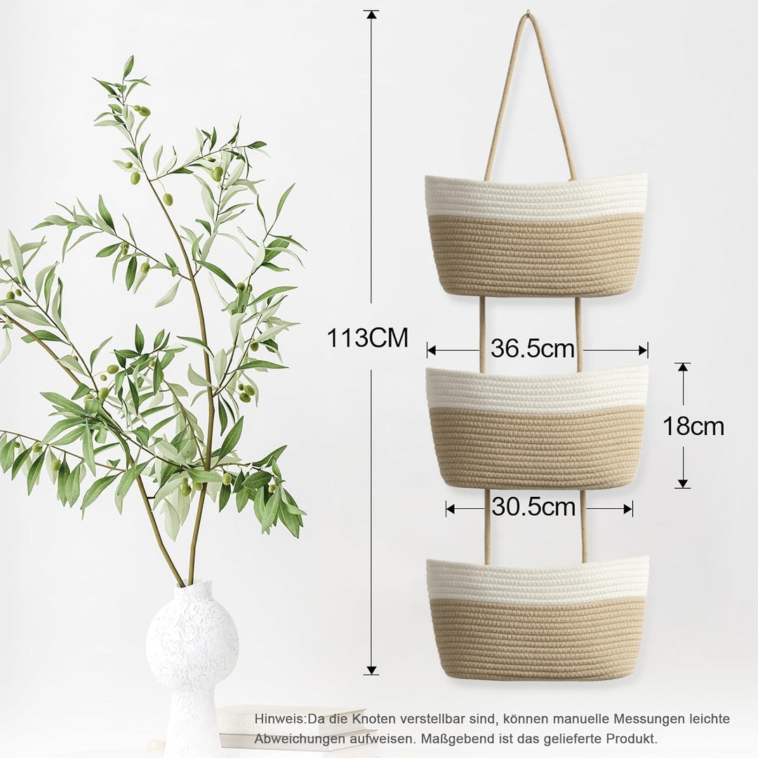 danpinera Hängeregal Tür, 3-stöckige Baumwollseilkörbe mit Knopfriemen über der Tür, Wandorganizer H