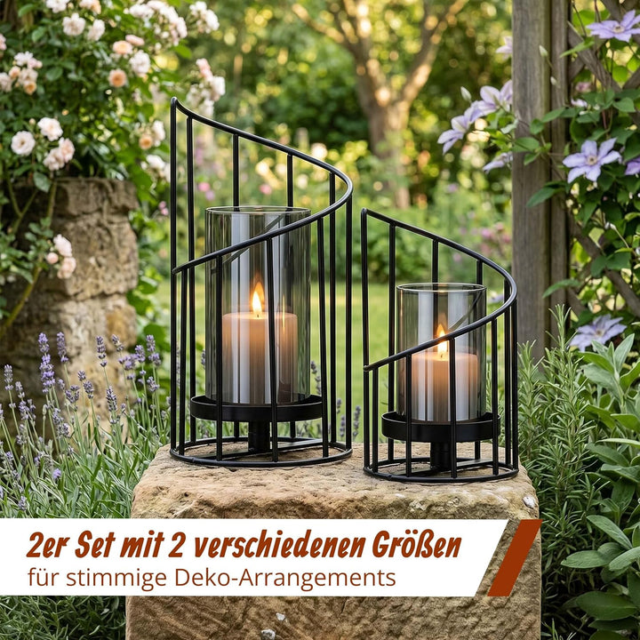 Relaxdays Windlicht 2er Set, transparent/schwarz | Glaszylinder mit Metallgestell, 2 Grössen, für St