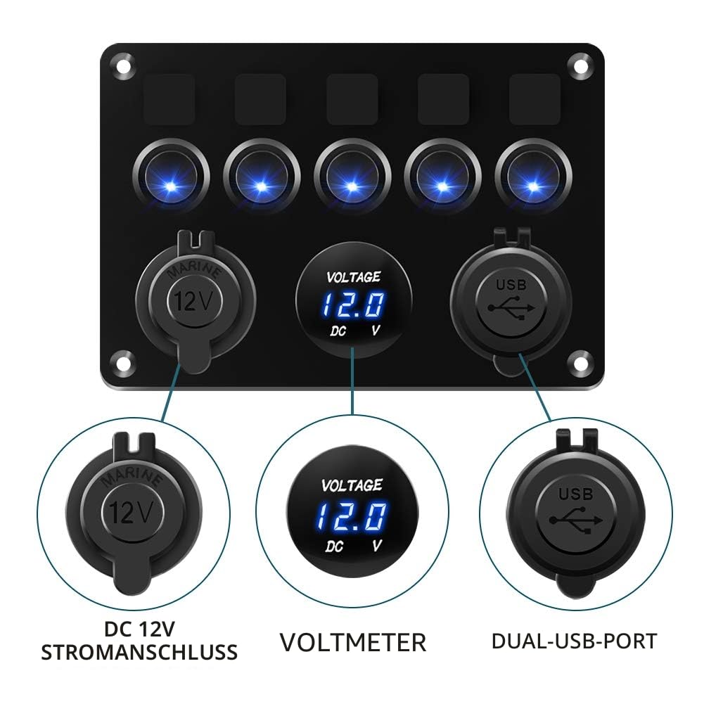 KAOLAI Schalter Panel 12V/24V 4.2A IP65 Wasserdicht Schalter Panel 12V Camper Dual-USB-Ladegerät LED
