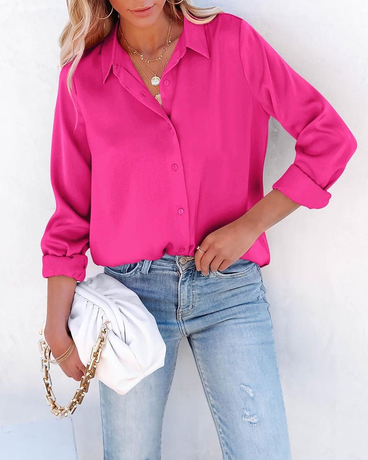 NONSAR Bluse Damen Elegant Lange Ärmel Hemdbluse mit Stehkragen Büroblusen Lässige Oberteile XL Rosa