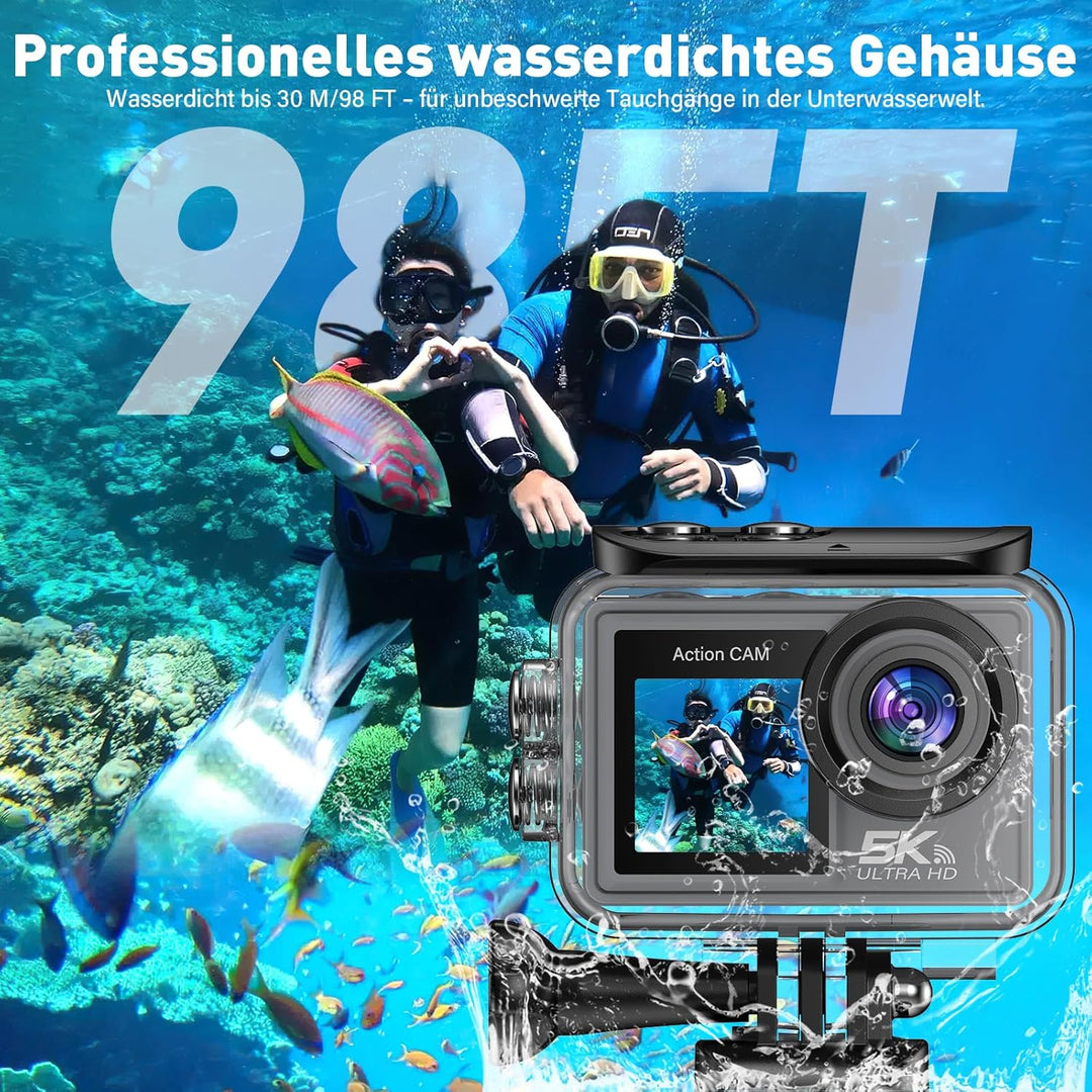 Action Cam 5K 4K60FPS, 50MP 30M/98FT wasserdichte Unterwasserkamera mit EIS, WiFi, 170° Ultra-Weitwi