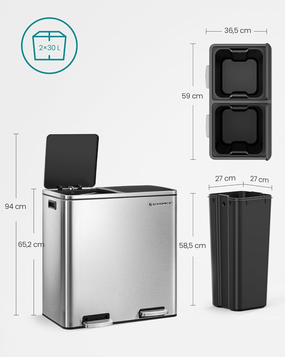 SONGMICS Mülleimer, 2 x 30 L, 2 Fächer, Mülltrennsystem, Treteimer, Abfalleimer Küche, 15 Müllsäcke,