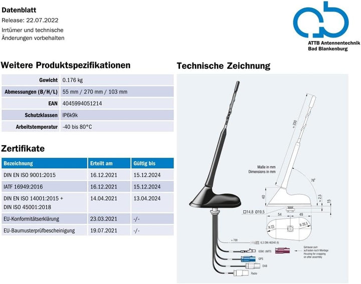 ATTB 3766.01 Dachantenne (AM/FM, DAB+, GSM, UMTS, GPS), Antennentechnik Bad Blankenburg, DAB Antenne