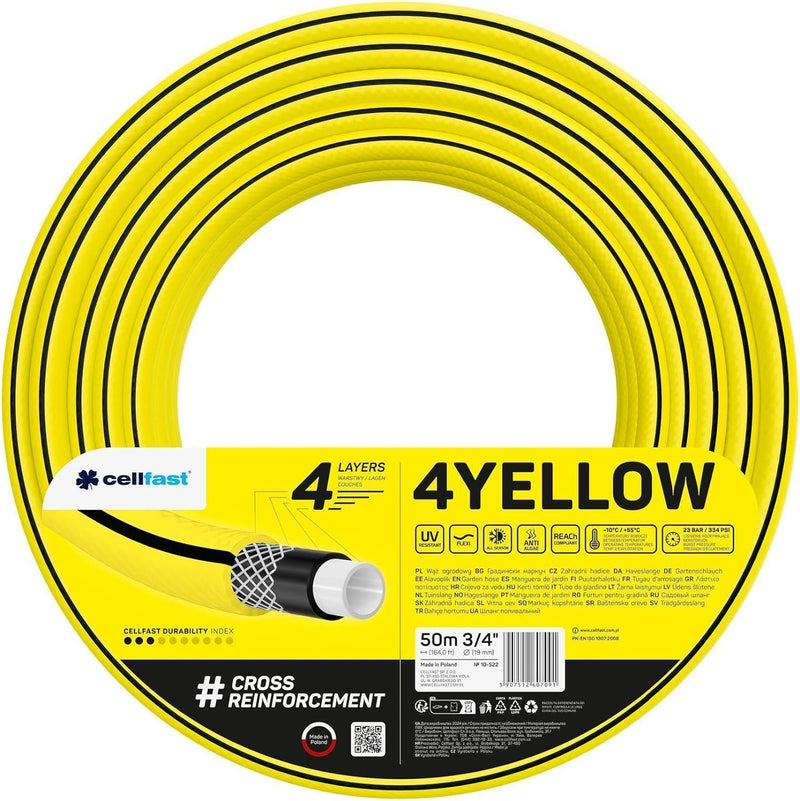 Cellfast YELLOW Gartenschlauch, Leicht, Strapazierfähig, 4-lagig, Haltbare Kreuzgeflecht, UV und Alg