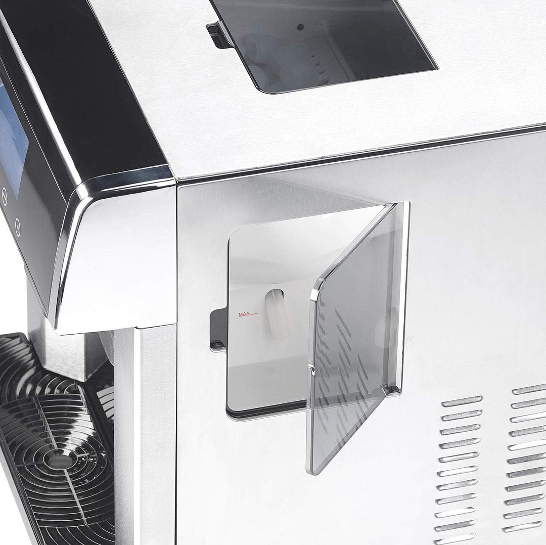 Rosenstein & Söhne Eiswürfelbereiter: Eiswürfelmaschine & Wasserspender V2 mit XL-Display, Edelstahl