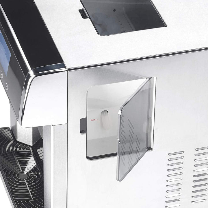 Rosenstein & Söhne Eiswürfelbereiter: Eiswürfelmaschine & Wasserspender V2 mit XL-Display, Edelstahl
