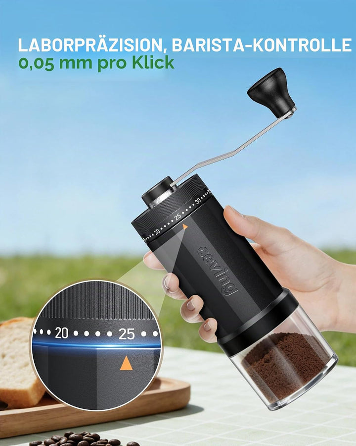 Manuelle Mini-Kaffeemühle mit 40 einstellbaren Einstellungen, tragbare Hand-Kaffeebohnenmühle mit 30