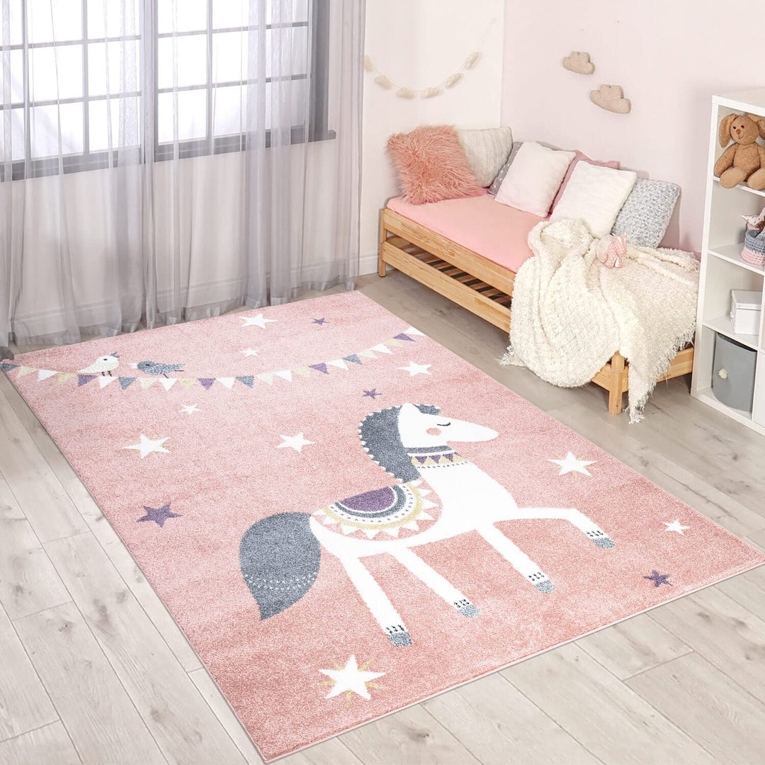 carpet city Teppich Kinderzimmer Tier-Motiv - Rosa - 160x230 cm -Kinderteppich Kurzflor mit Pferd, W