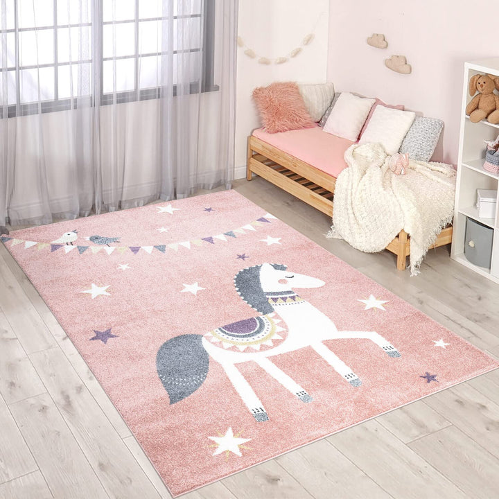 carpet city Teppich Kinderzimmer Tier-Motiv - Rosa - 160x230 cm -Kinderteppich Kurzflor mit Pferd, W