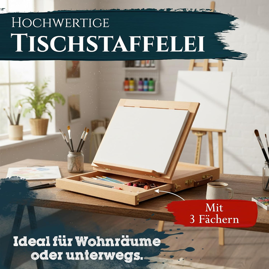 Artina Tischstaffelei Holz Stabiles Malbrett mit Aufbewahrung Colmar – Verstellbares Zeichenbrett zu