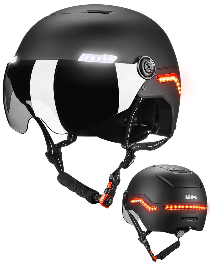 ILM Fahrradhelm Herren Damen mit Visier und LED Licht Beleuchtung Automatischem G-Sensor für Blinker