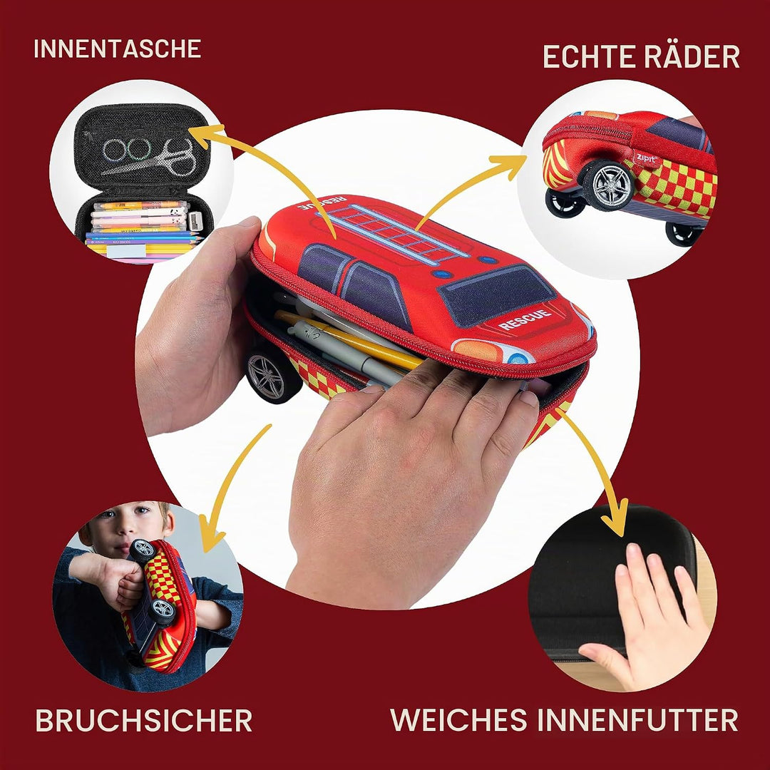 ZIPIT Federmäppchen mit Feuerwehrauto für Jungen, Grosses Mäppchen für die Schule, Etui für Kinder,
