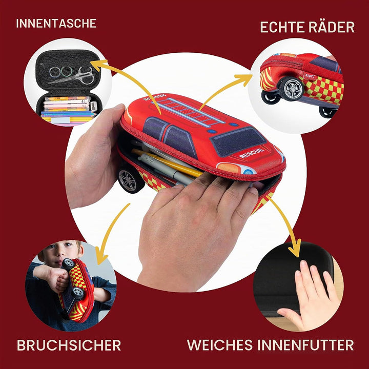 ZIPIT Federmäppchen mit Feuerwehrauto für Jungen, Grosses Mäppchen für die Schule, Etui für Kinder,